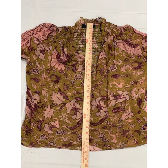 o.p.t One Pretty Time Smocked Tie Peasant Blouse Floral Metallic Threads size XS - Picture 14 of 15